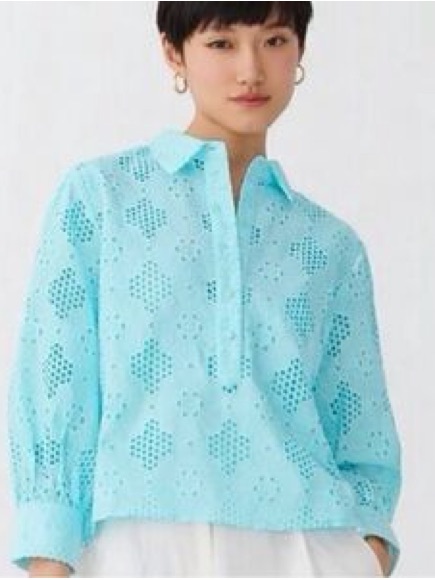 Light Blue Eyelet Cotton Popover Shirt And Matching Tank Top